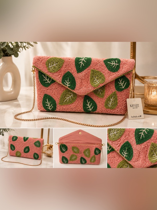 Kay Lee New York Handbags - Beaded Pink Leaf Embellished Envelope Clutch by